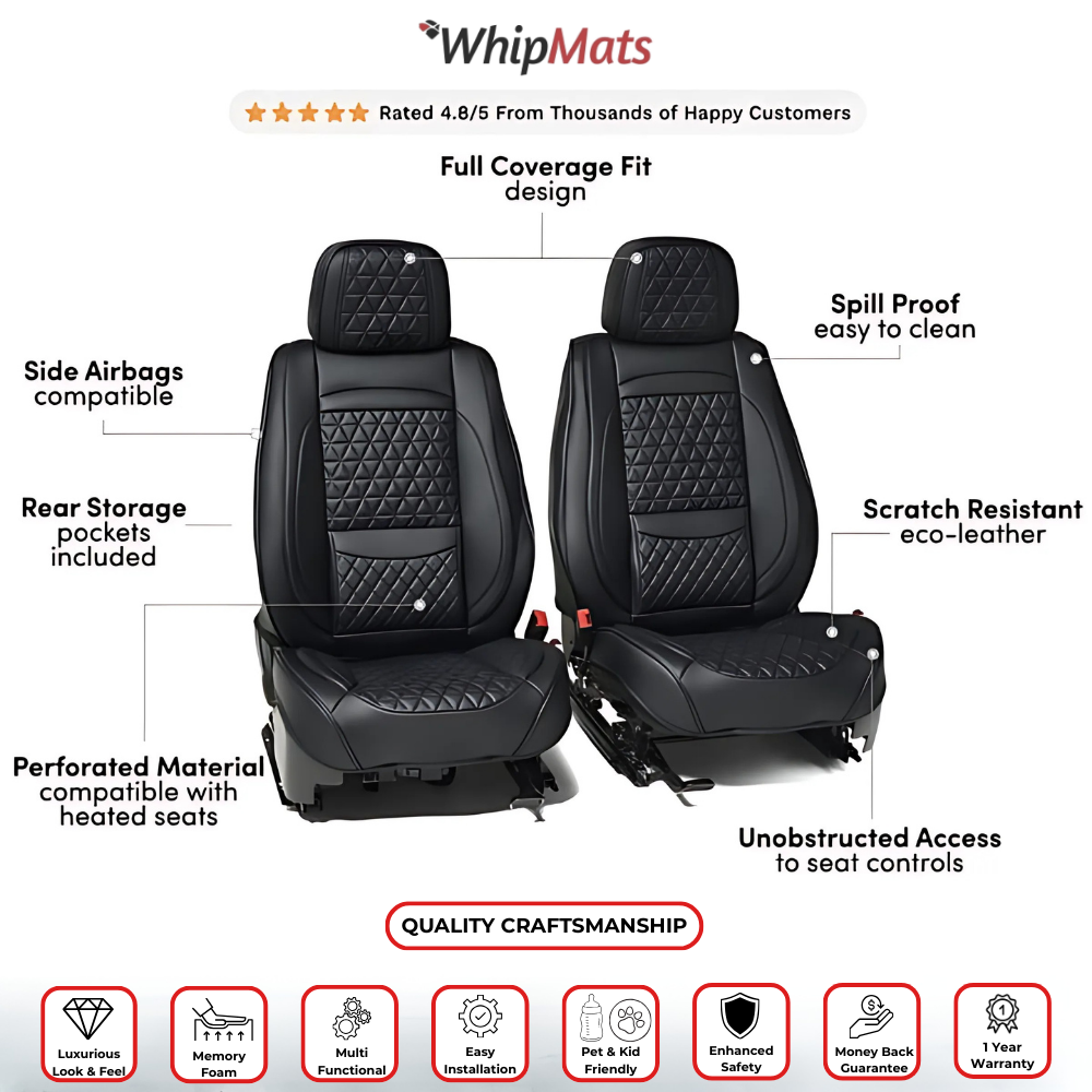 Black & Light Blue Diamond Quilted Leather Car Seat Covers