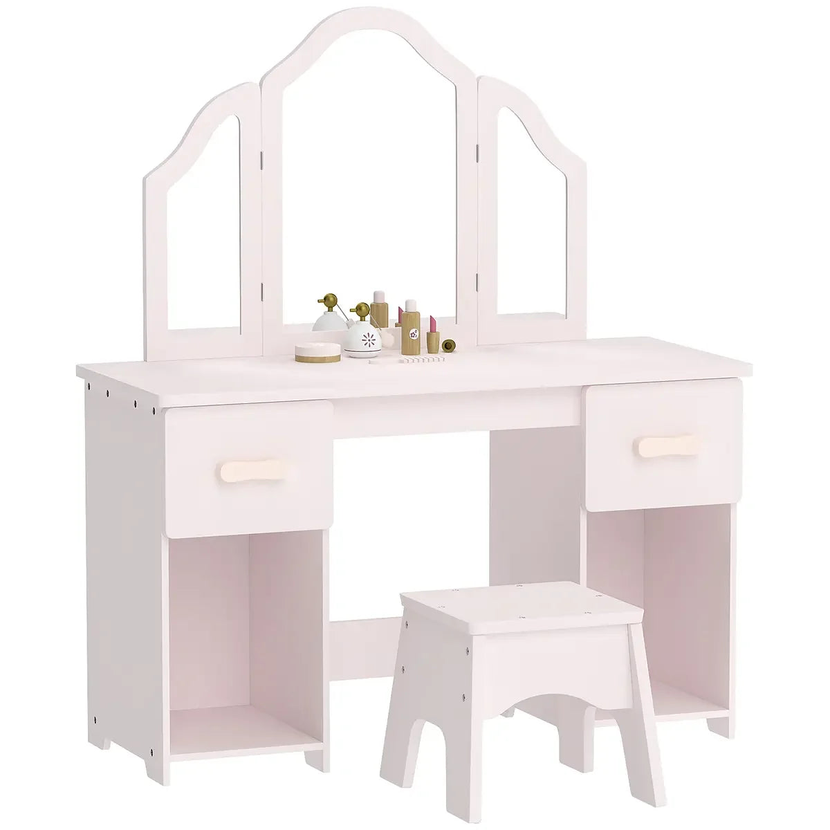 Kids' Dressing Table and Chair Set with Tri-Fold Mirror – Pink