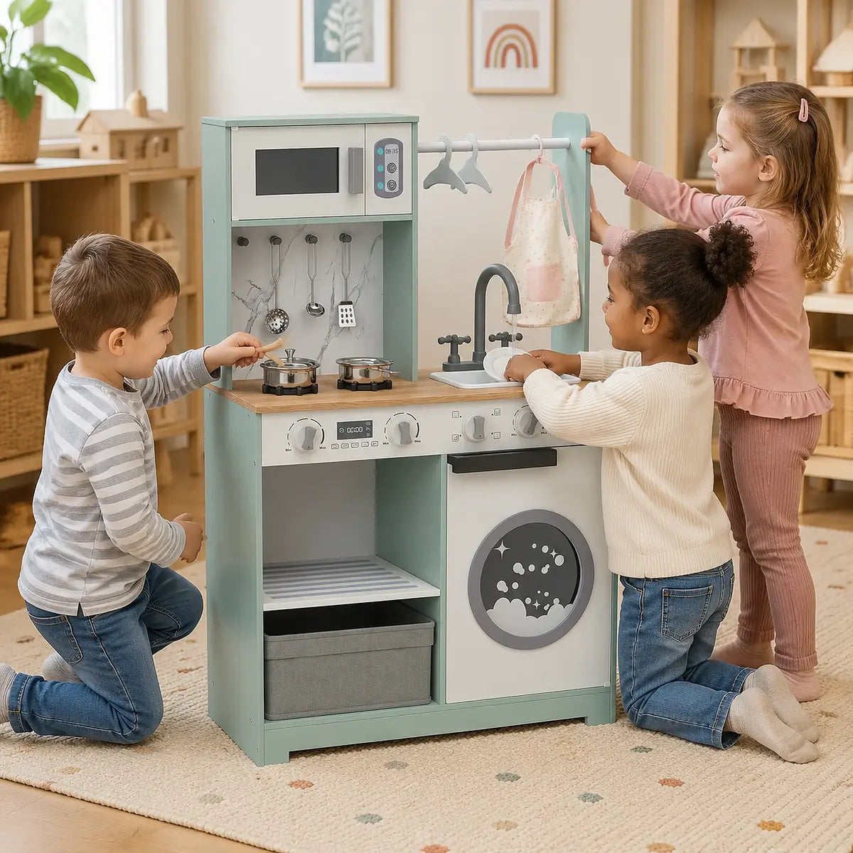Kids Pretend Play Kitchen with Laundry Centre and Accessories