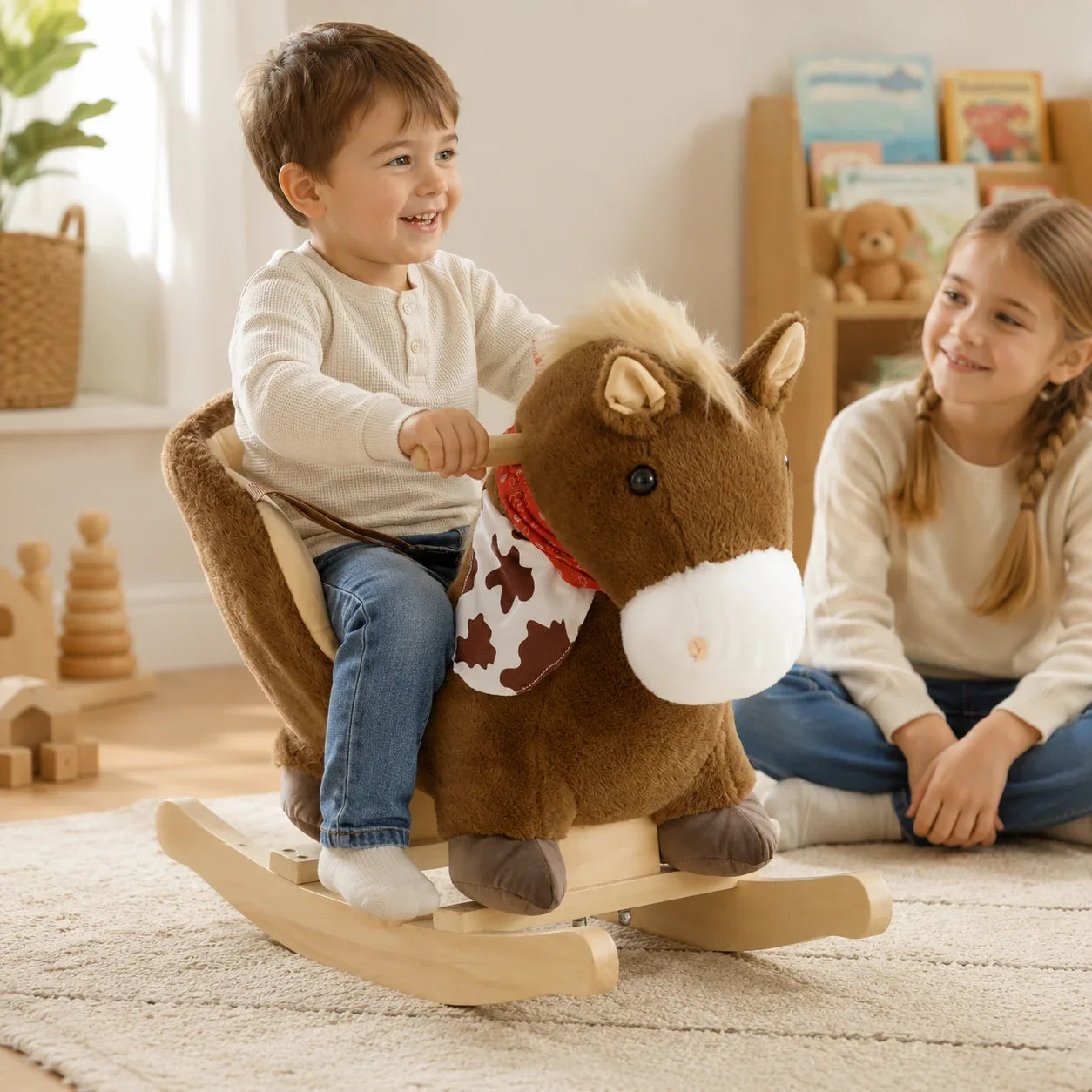 Plush Rocking Horse with Safety Harness and Sound – Brown