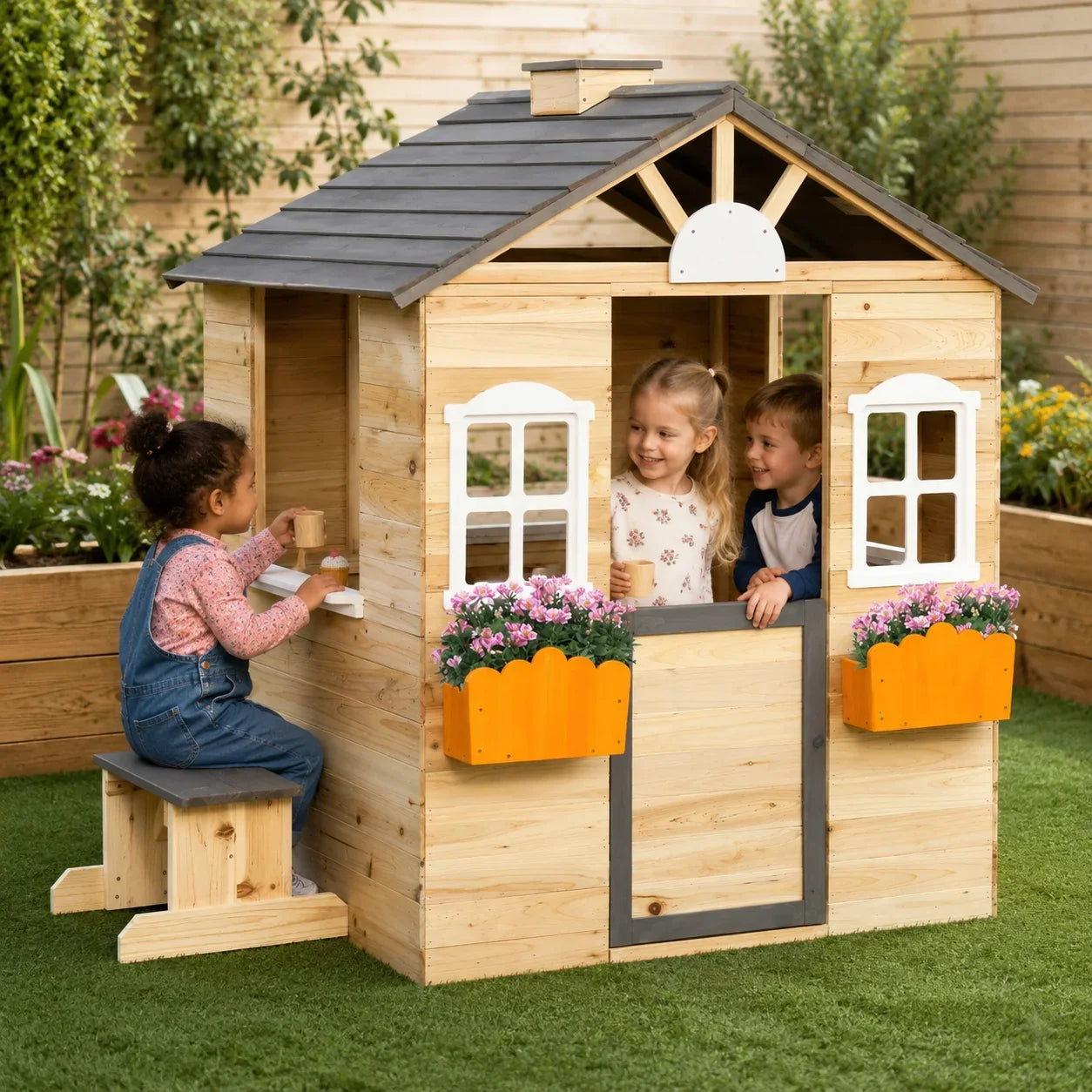Wooden Playhouse Cottage with Bench and Service Station