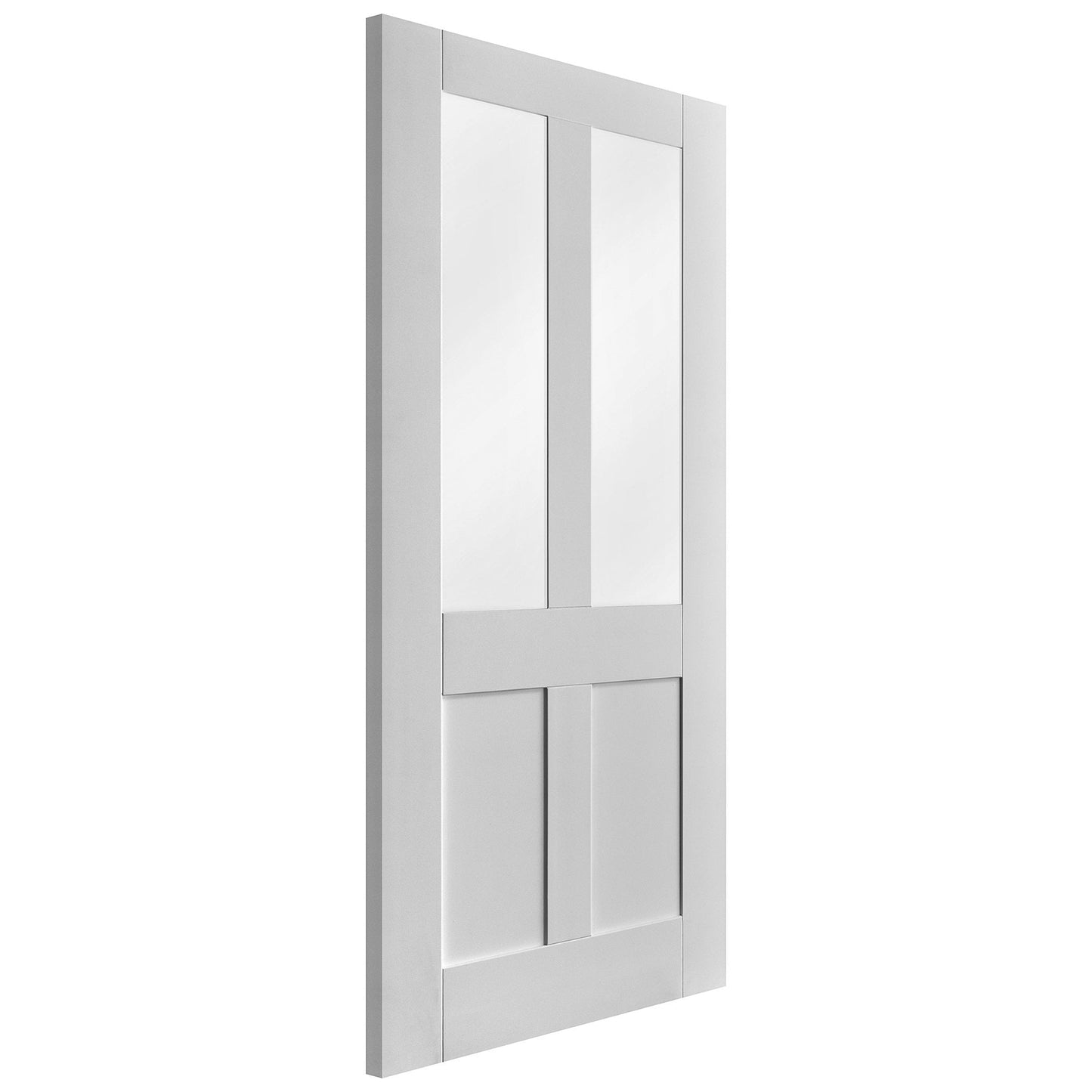 B-Grade White Internal Primed Flat Victorian Shaker 2 Panel 2 Light Obscure Glass Door
