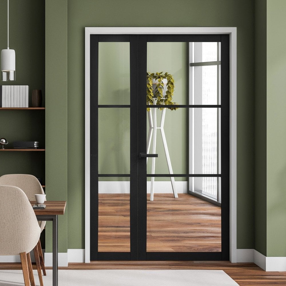 B-Grade Jet Black Internal Fully Finished 3 Light Clear Glass Industrial Studio Sidelight