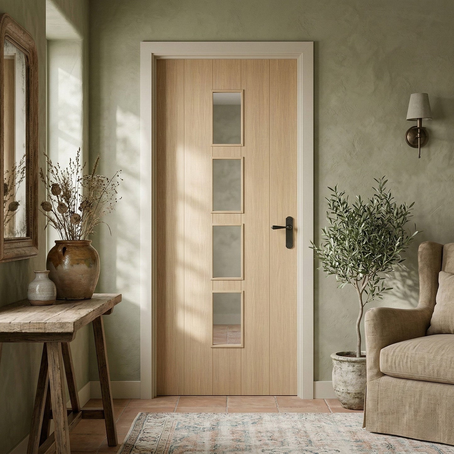 Oak Internal Fully Finished Cottage Laminate 4 Light Clear Glass Door