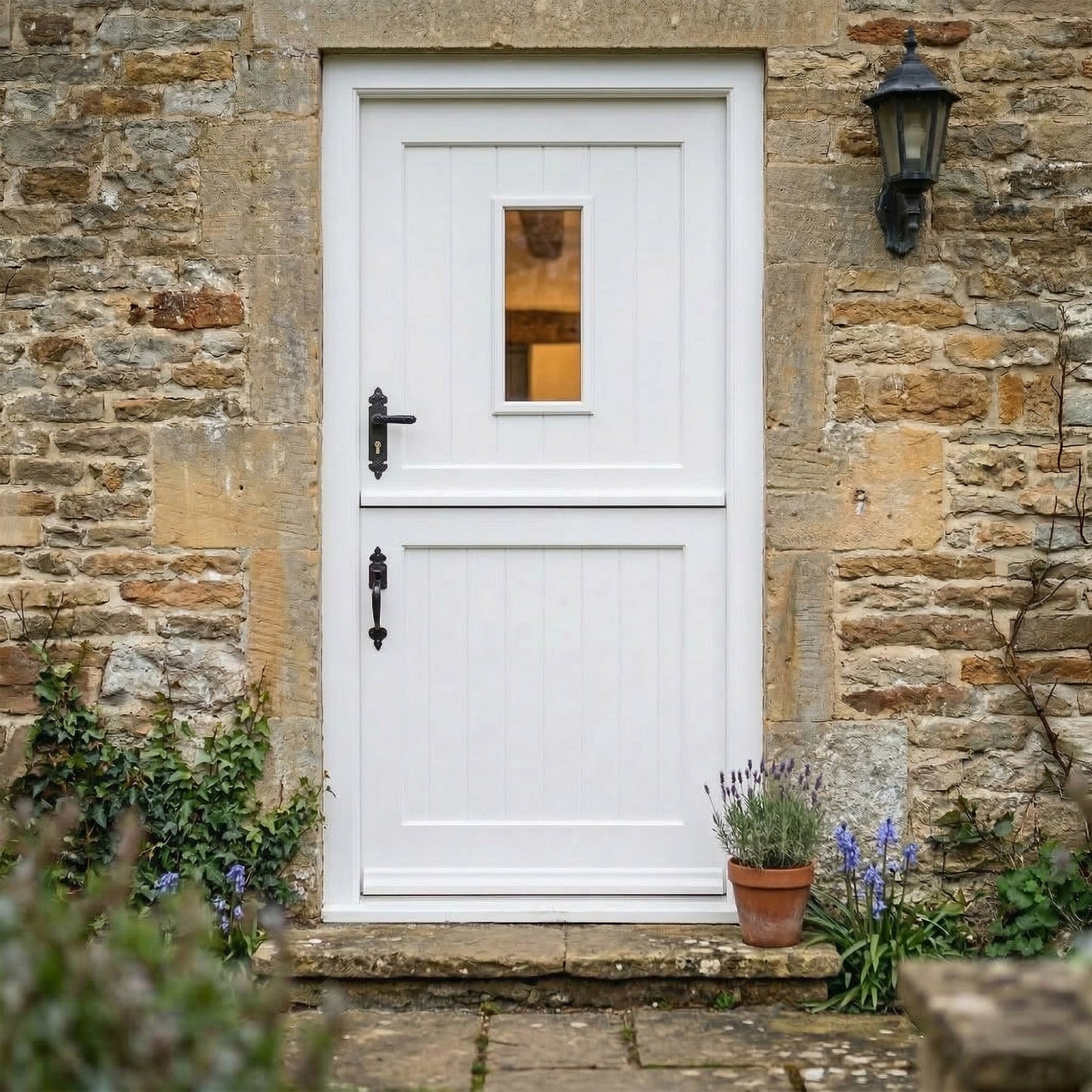 White Painted External Pine 2 Panel 1 Light Clear Glass Stable Door
