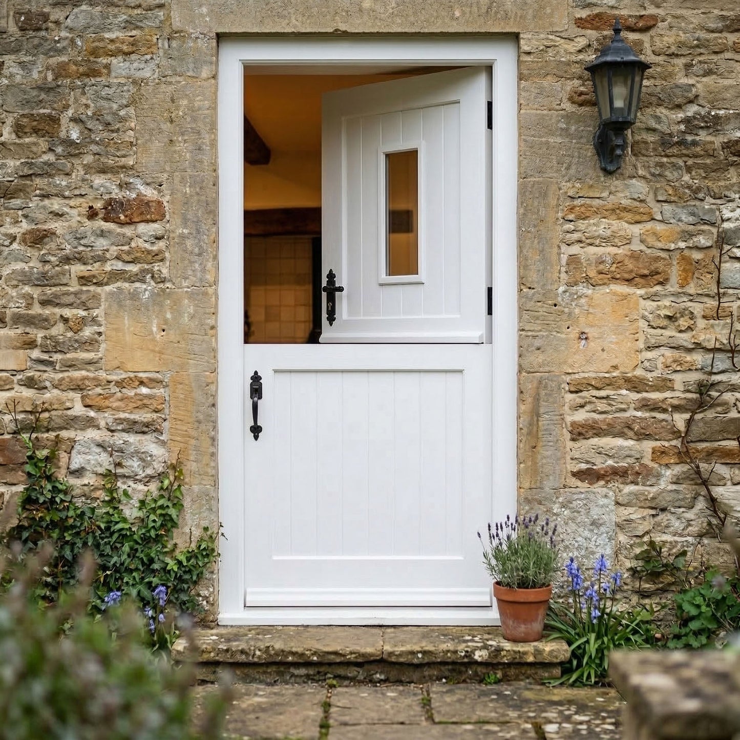 White Painted External Pine 2 Panel 1 Light Clear Glass Stable Door