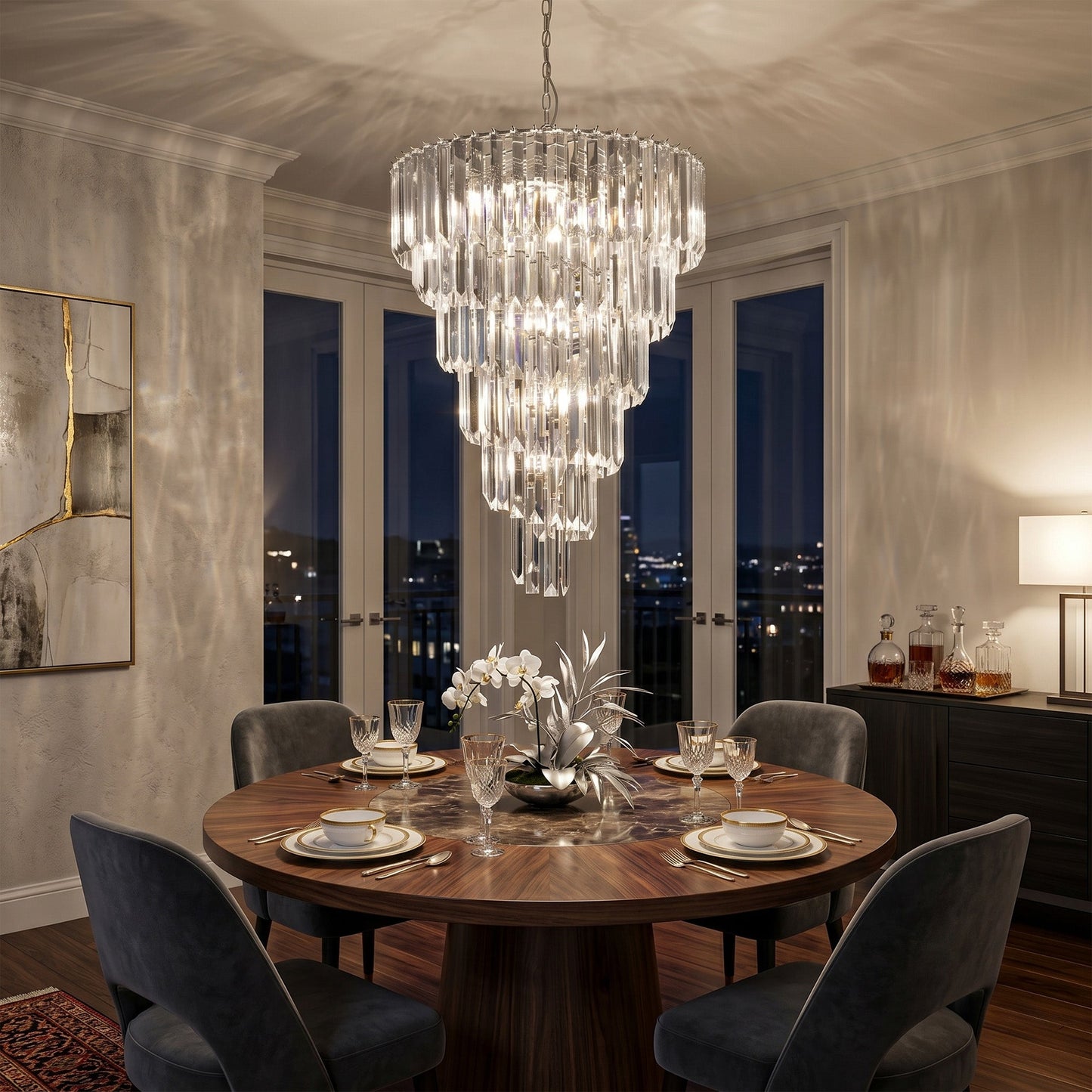 Chrome Sigma 9 Light Chandelier With Crystal Acrylic Prisms and Balls