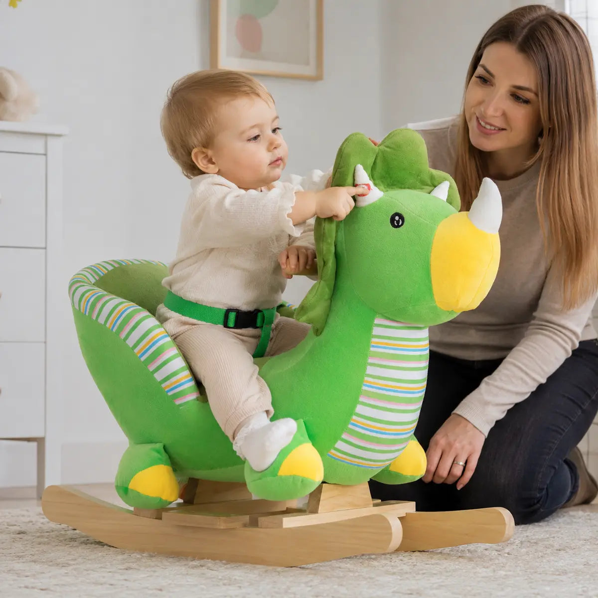 Dinosaur Plush Rocking Horse with Sound – Green