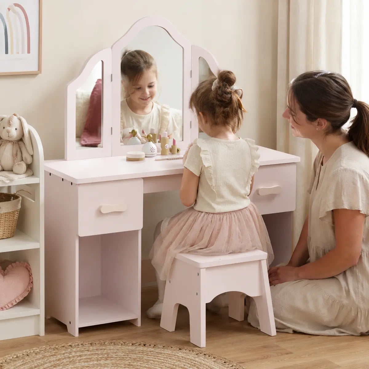 Kids' Dressing Table and Chair Set with Tri-Fold Mirror – Pink