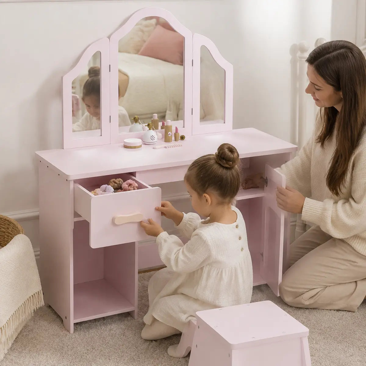 Kids' Dressing Table and Chair Set with Tri-Fold Mirror – Pink