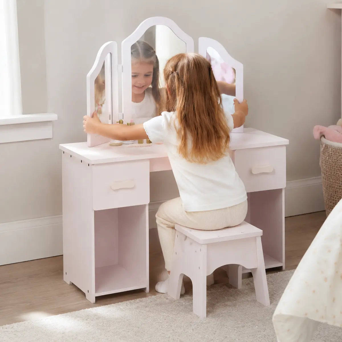 Kids' Dressing Table and Chair Set with Tri-Fold Mirror – Pink