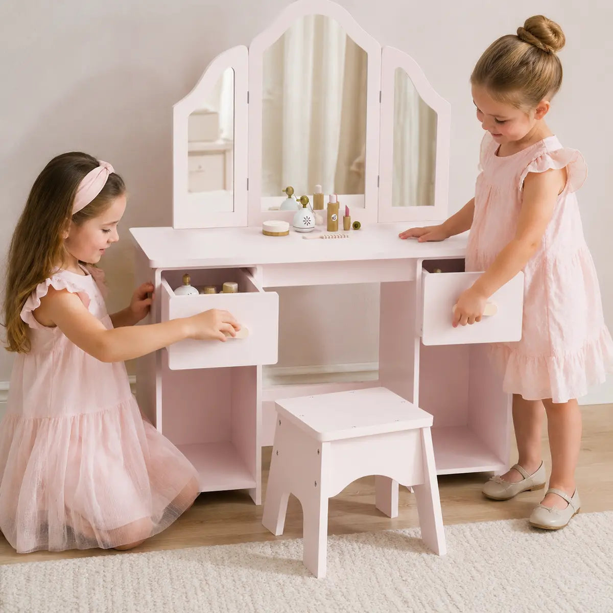 Kids' Dressing Table and Chair Set with Tri-Fold Mirror – Pink
