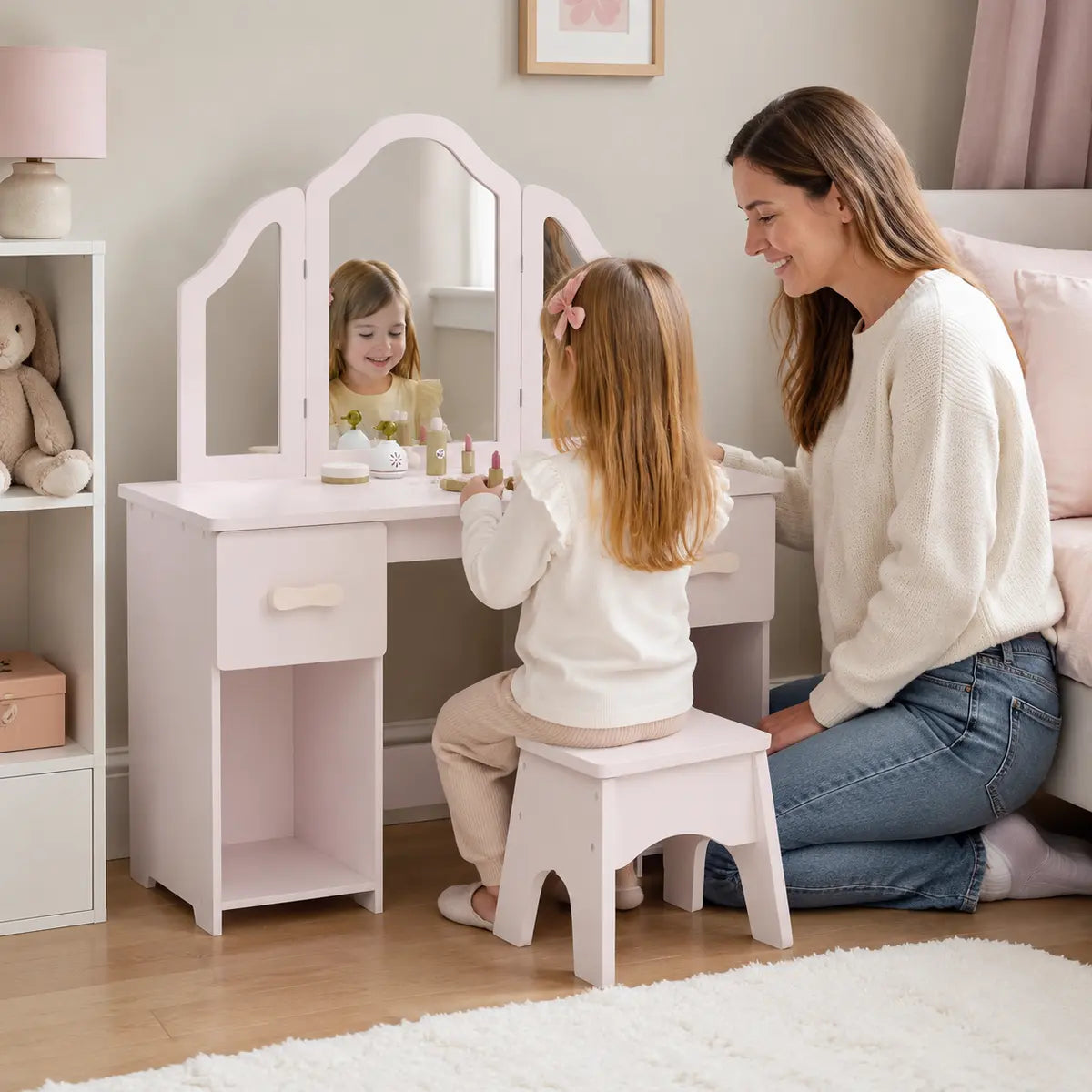 Kids' Dressing Table and Chair Set with Tri-Fold Mirror – Pink