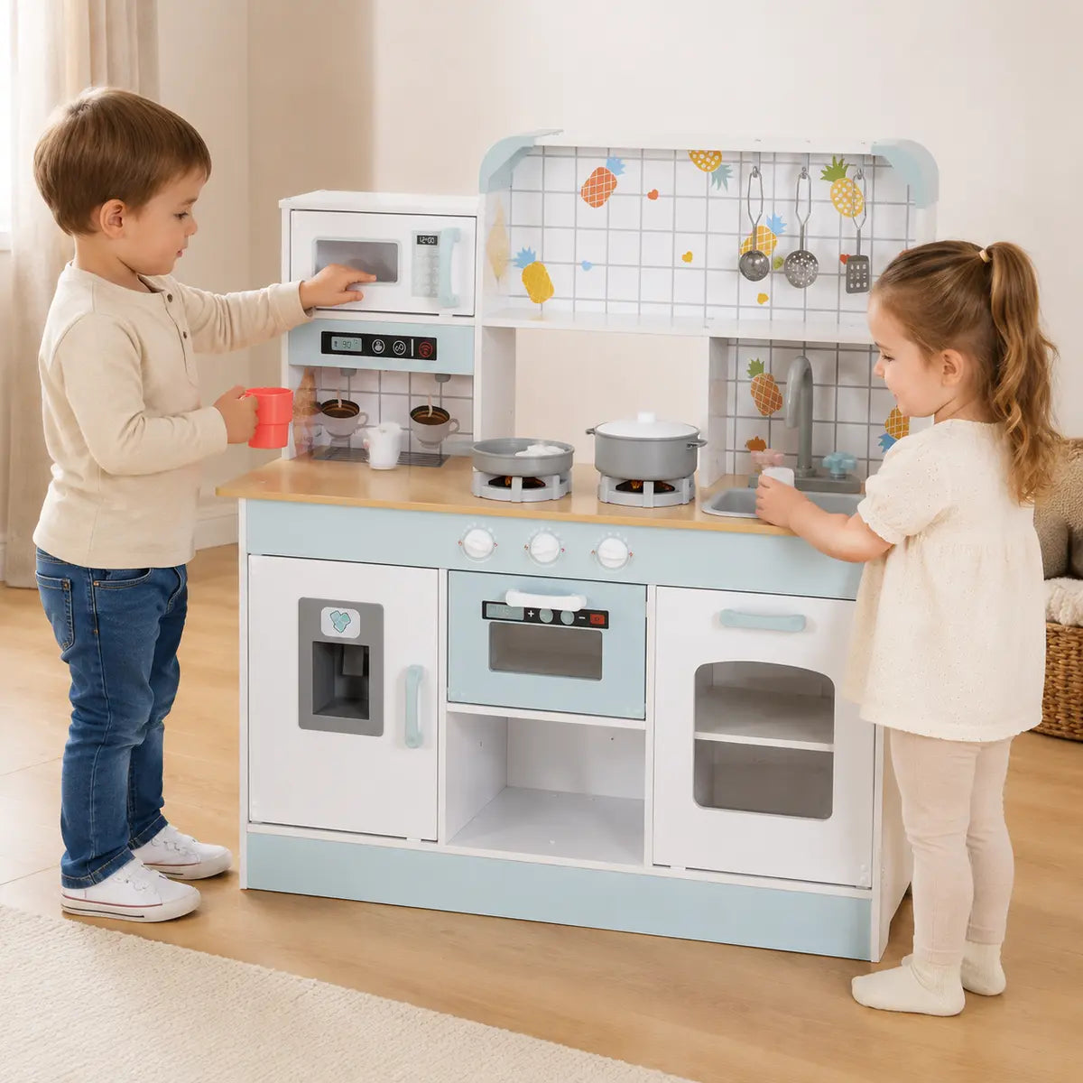 Kids' Play Kitchen with Light, Sound, Coffee Maker and Ice Maker