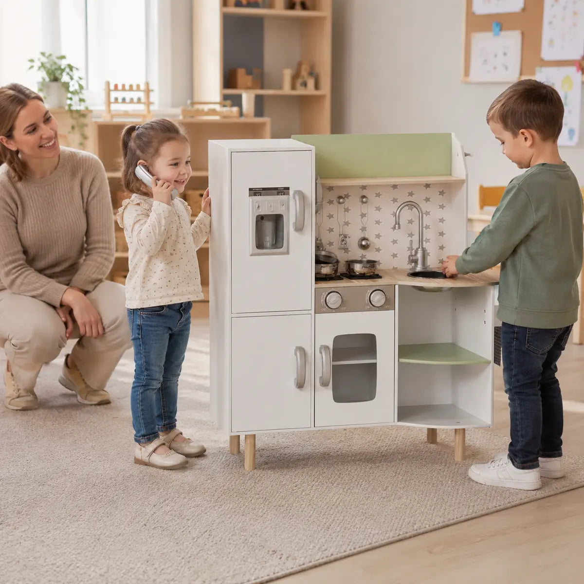 Kids' Play Kitchen with Phone, Ice Maker, Stove and Sink – White