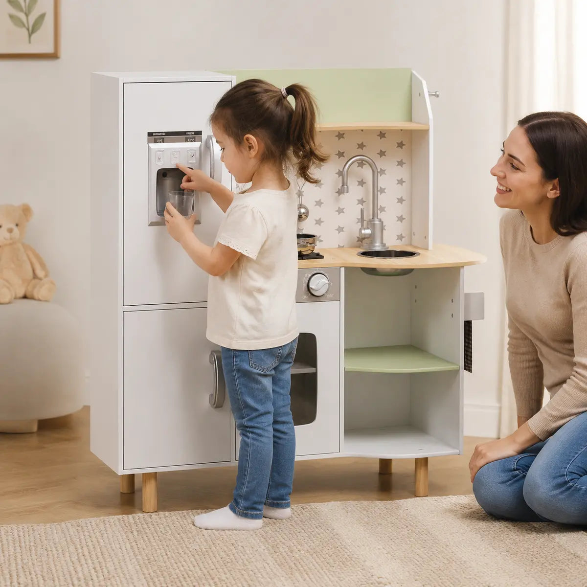 Kids' Play Kitchen with Phone, Ice Maker, Stove and Sink – White