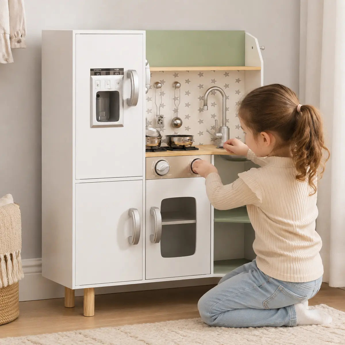 Kids' Play Kitchen with Phone, Ice Maker, Stove and Sink – White