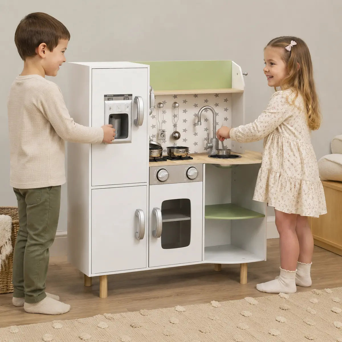 Kids' Play Kitchen with Phone, Ice Maker, Stove and Sink – White