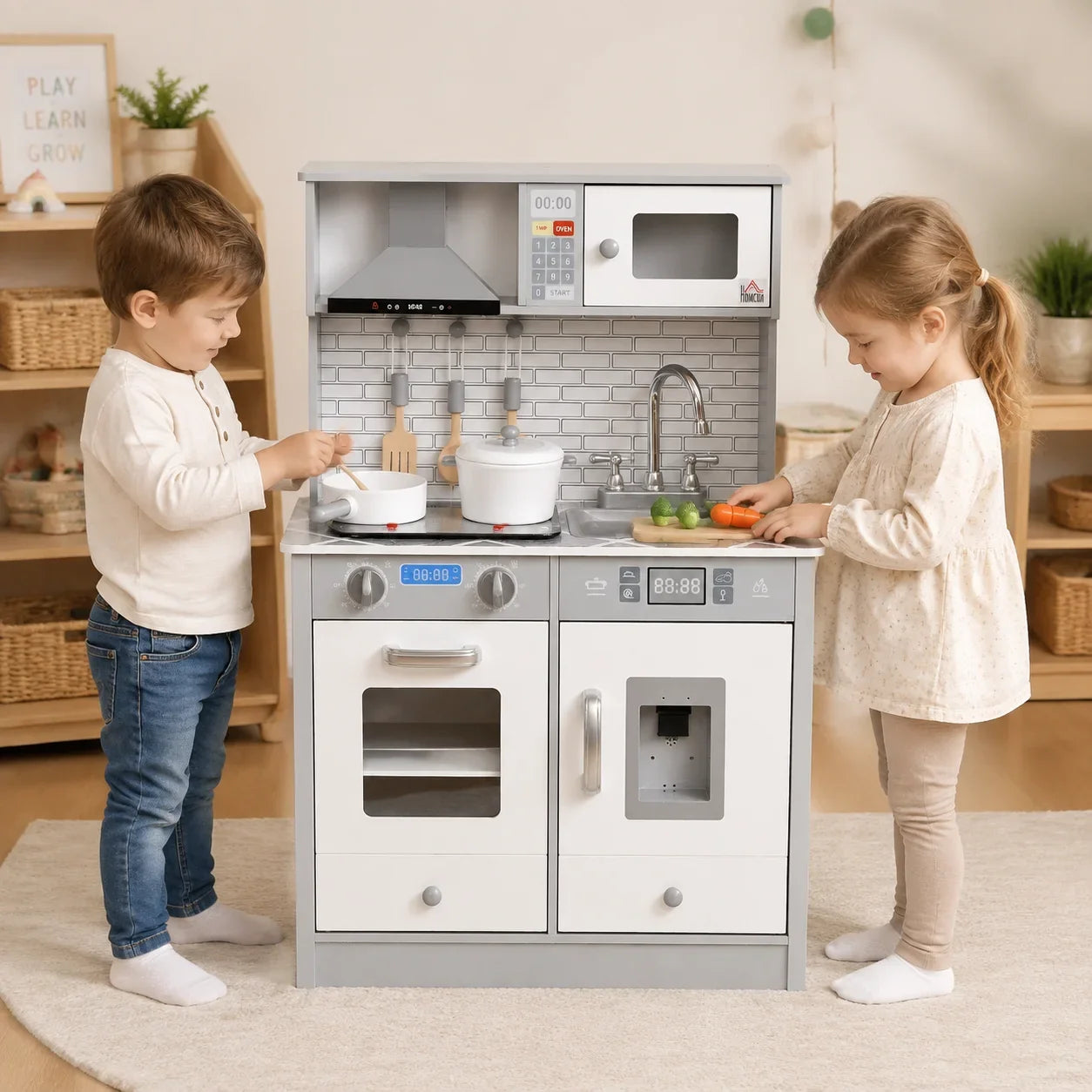 Kids' Play Kitchen with Sound and Light – Grey