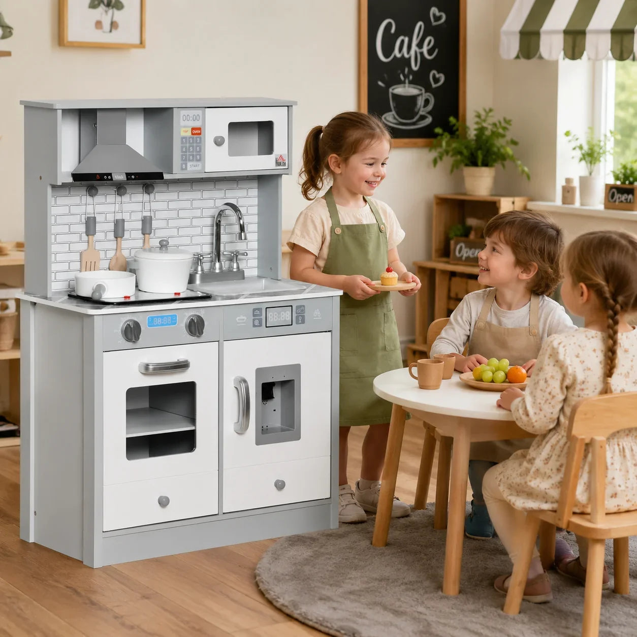 Kids' Play Kitchen with Sound and Light – Grey