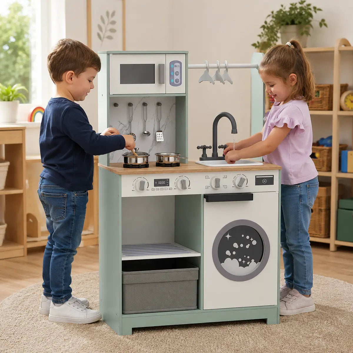 Kids Pretend Play Kitchen with Laundry Centre and Accessories