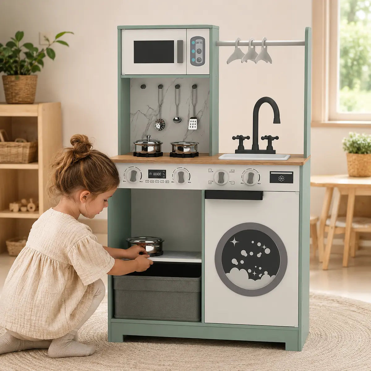 Kids Pretend Play Kitchen with Laundry Centre and Accessories