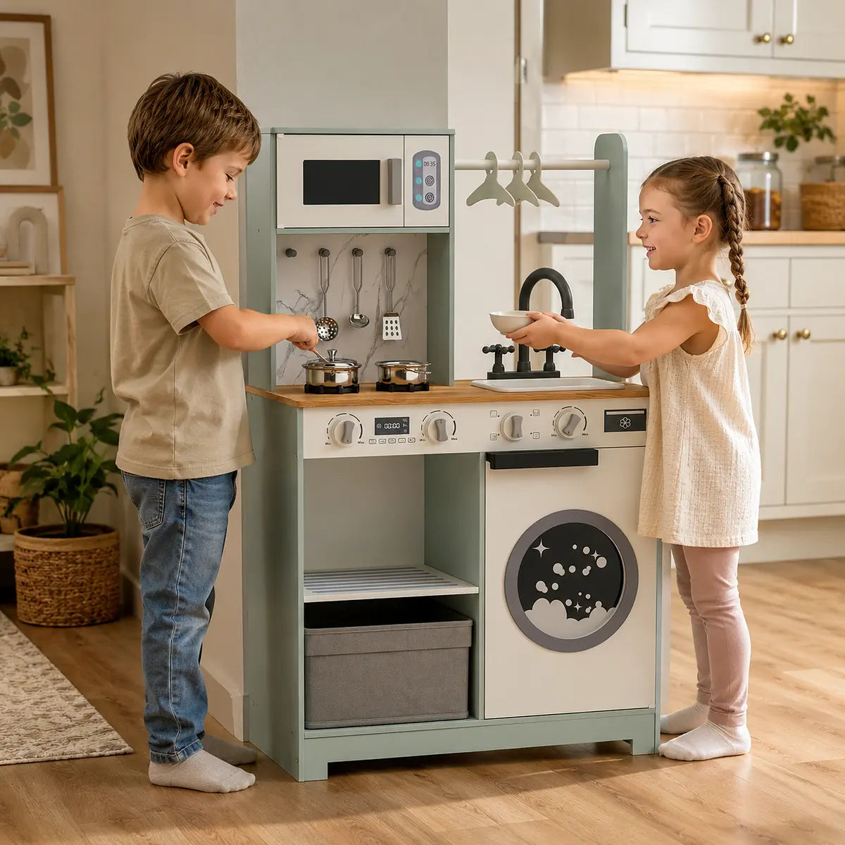 Kids Pretend Play Kitchen with Laundry Centre and Accessories
