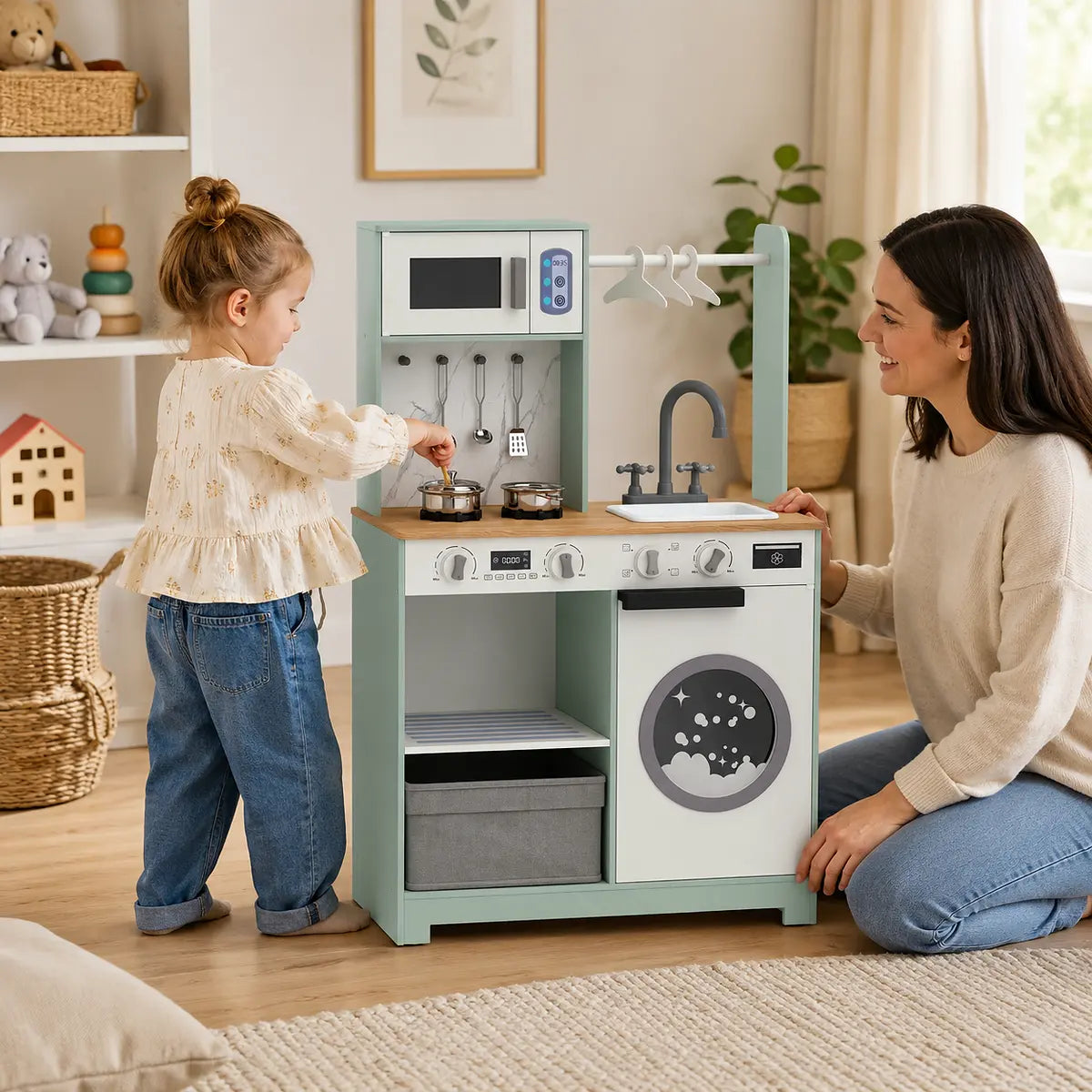 Kids Pretend Play Kitchen with Laundry Centre and Accessories
