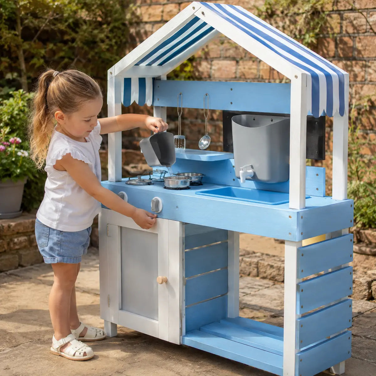 Outdoor Wooden Mud Kitchen with Sink and Accessories – Blue