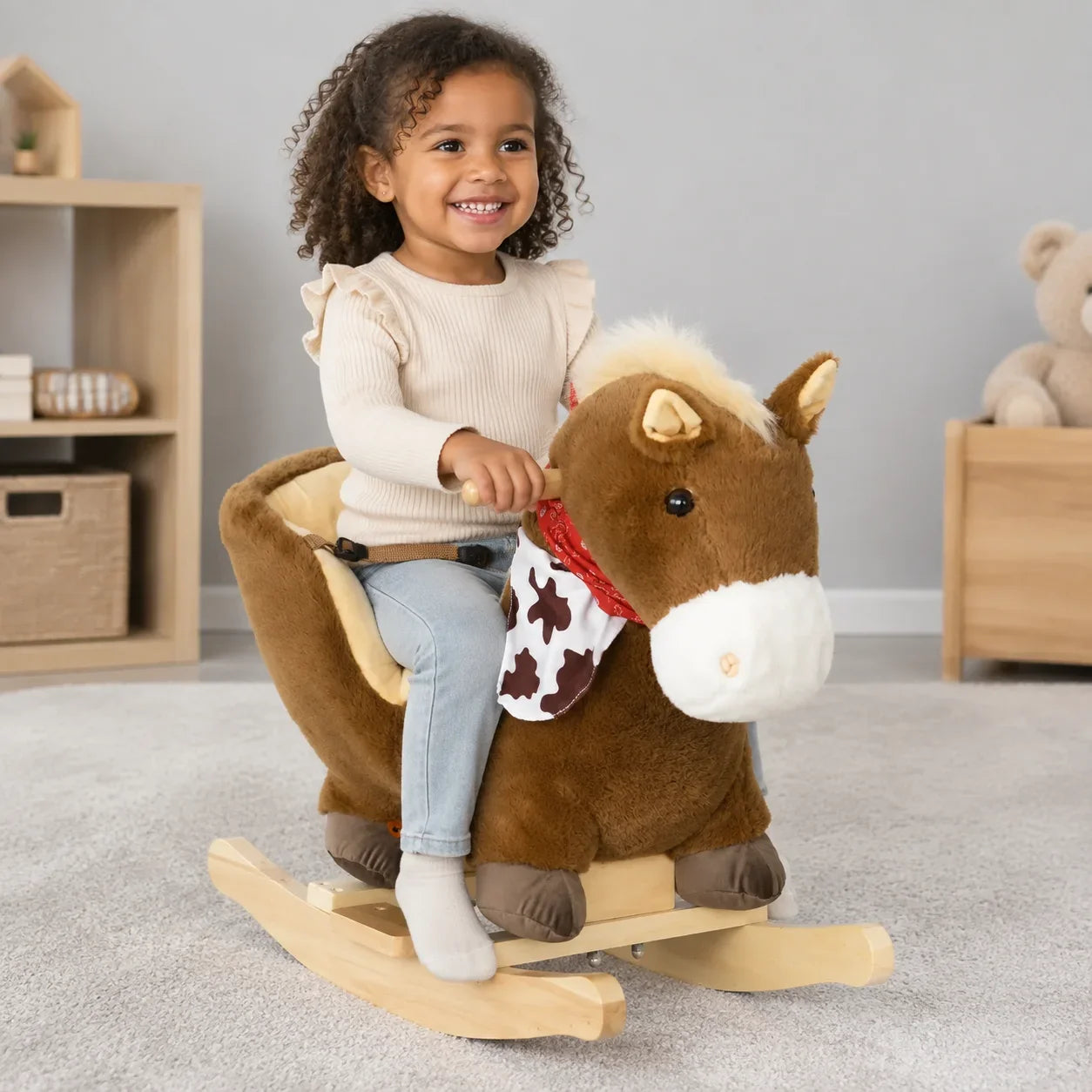Plush Rocking Horse with Safety Harness and Sound – Brown