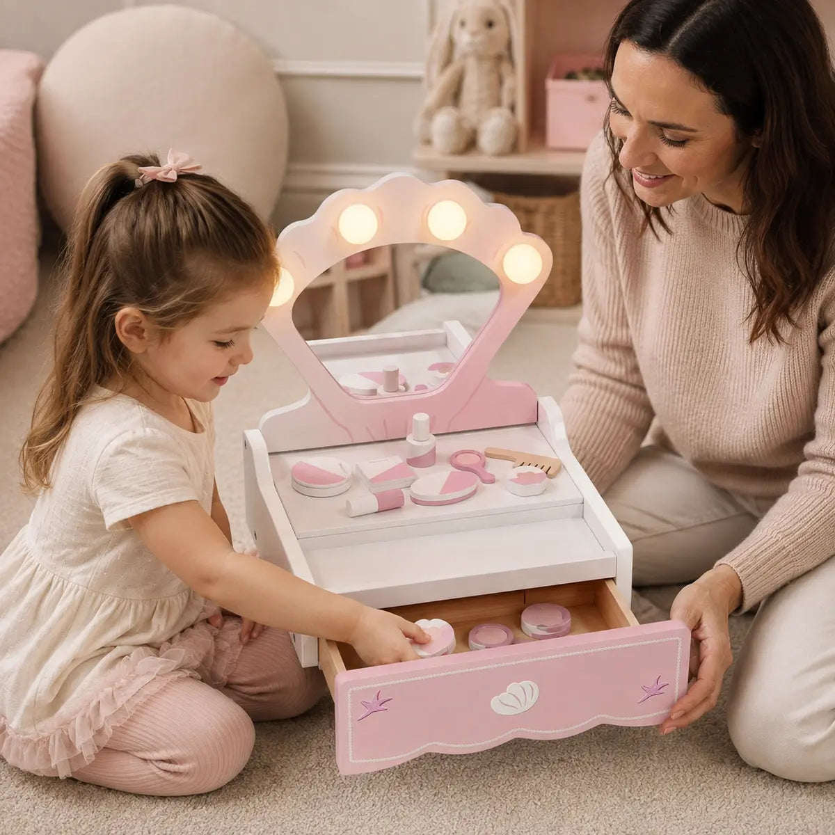 Portable Kids' Vanity Table with Lighted Mirror – Pink