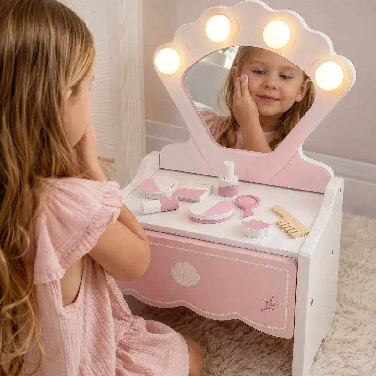 Portable Kids' Vanity Table with Lighted Mirror – Pink