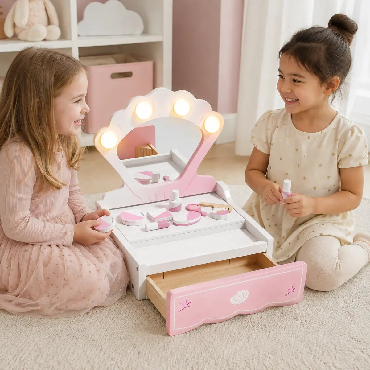 Portable Kids' Vanity Table with Lighted Mirror – Pink