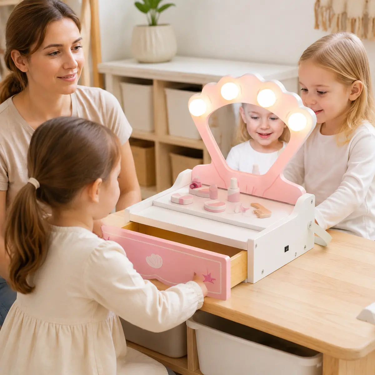 Portable Kids' Vanity Table with Lighted Mirror – Pink
