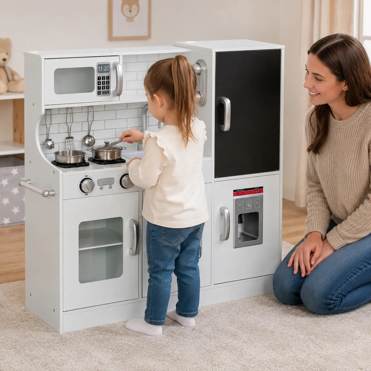 Pretend Play Kitchen with Phone, Chalkboard and Microwave – White
