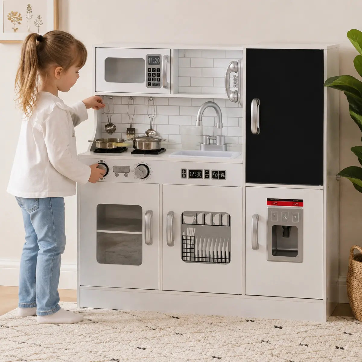 Pretend Play Kitchen with Phone, Chalkboard and Microwave – White