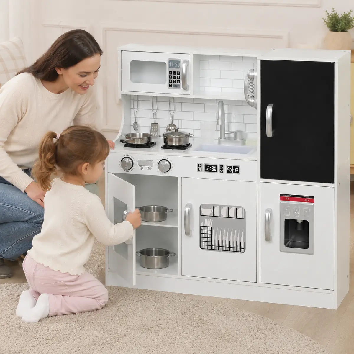 Pretend Play Kitchen with Phone, Chalkboard and Microwave – White