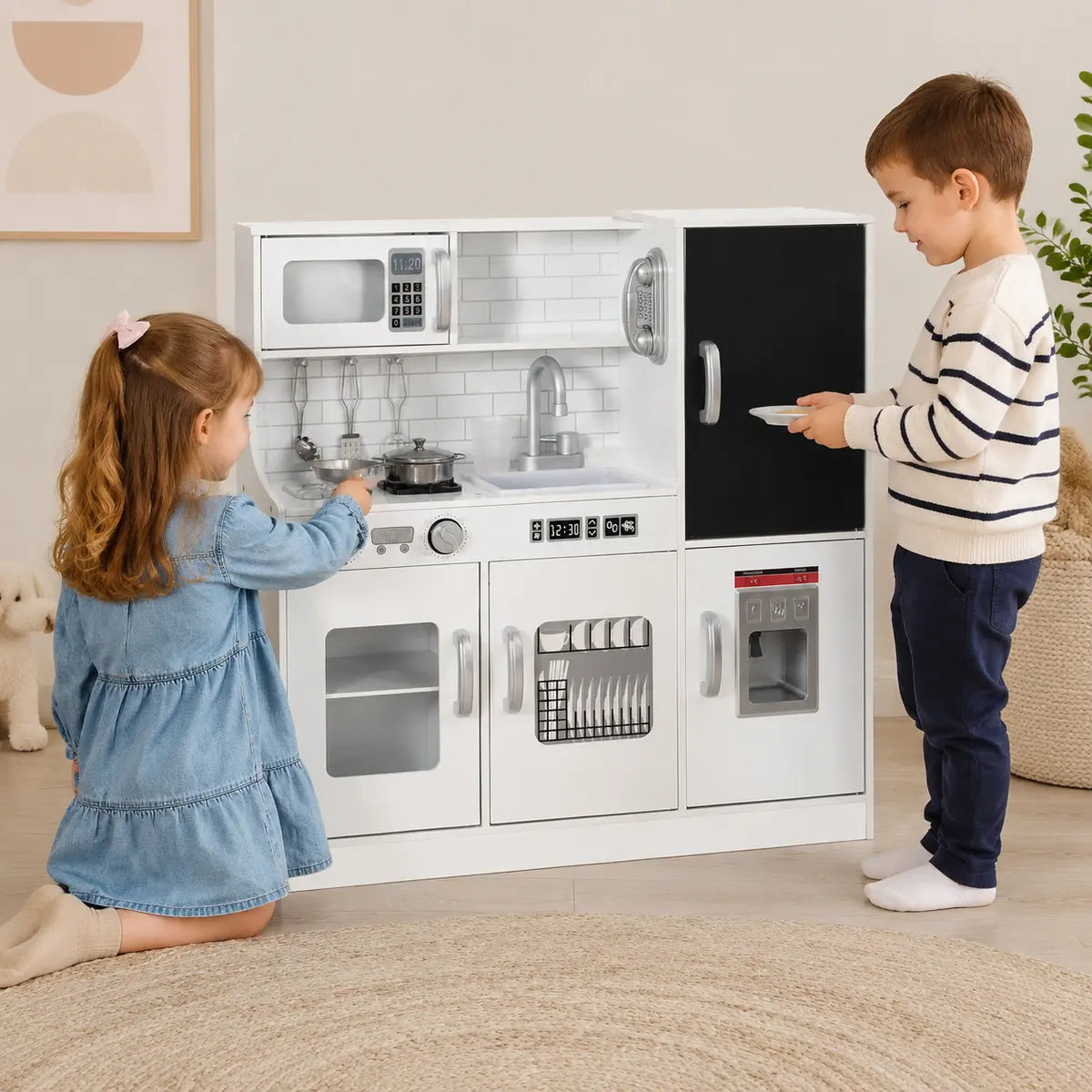 Pretend Play Kitchen with Phone, Chalkboard and Microwave – White