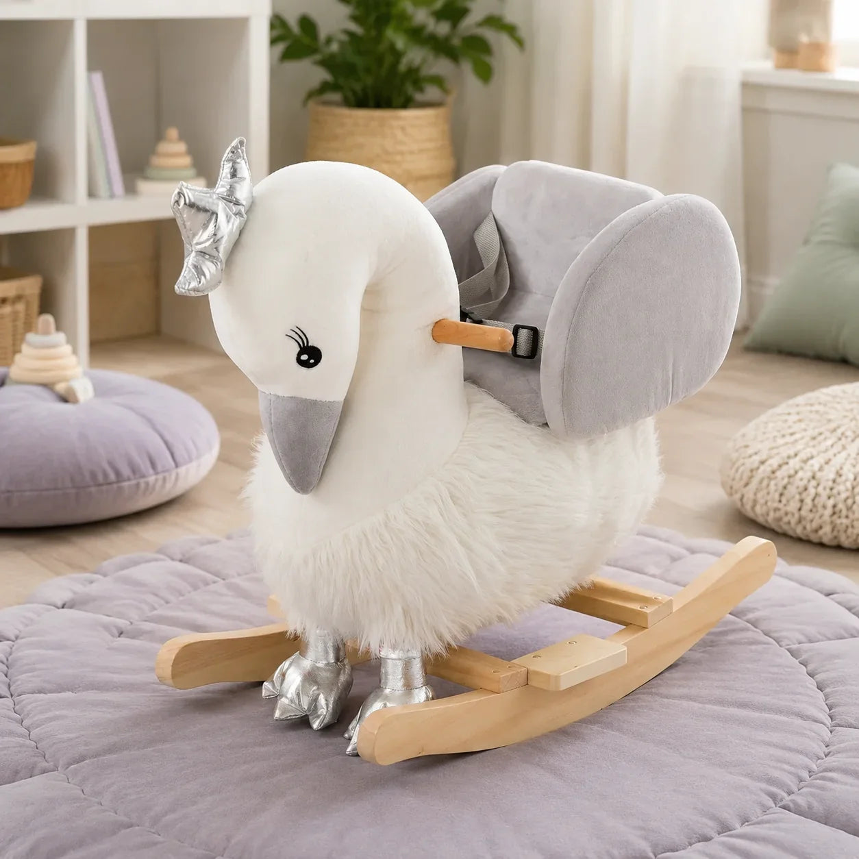 Swan Plush Rocking Horse with Sound – White and Grey