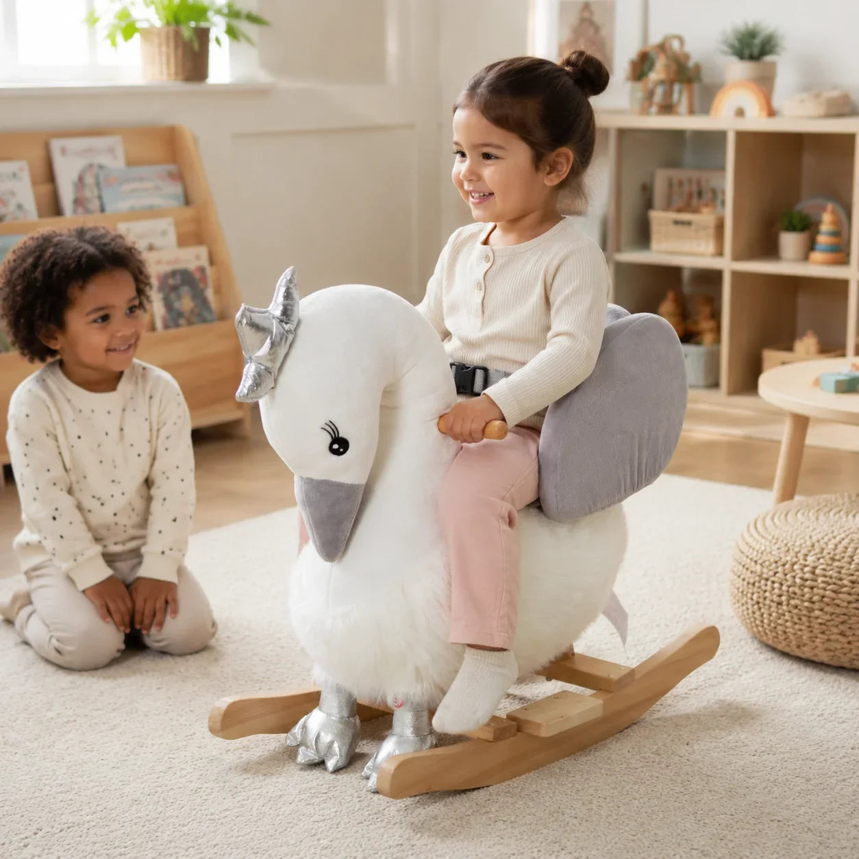 Swan Plush Rocking Horse with Sound – White and Grey