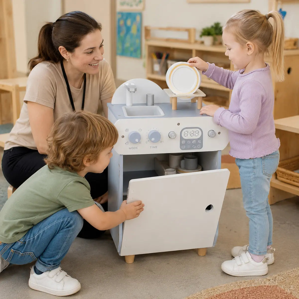 Wooden Dishwasher and Sink Pretend Play Set