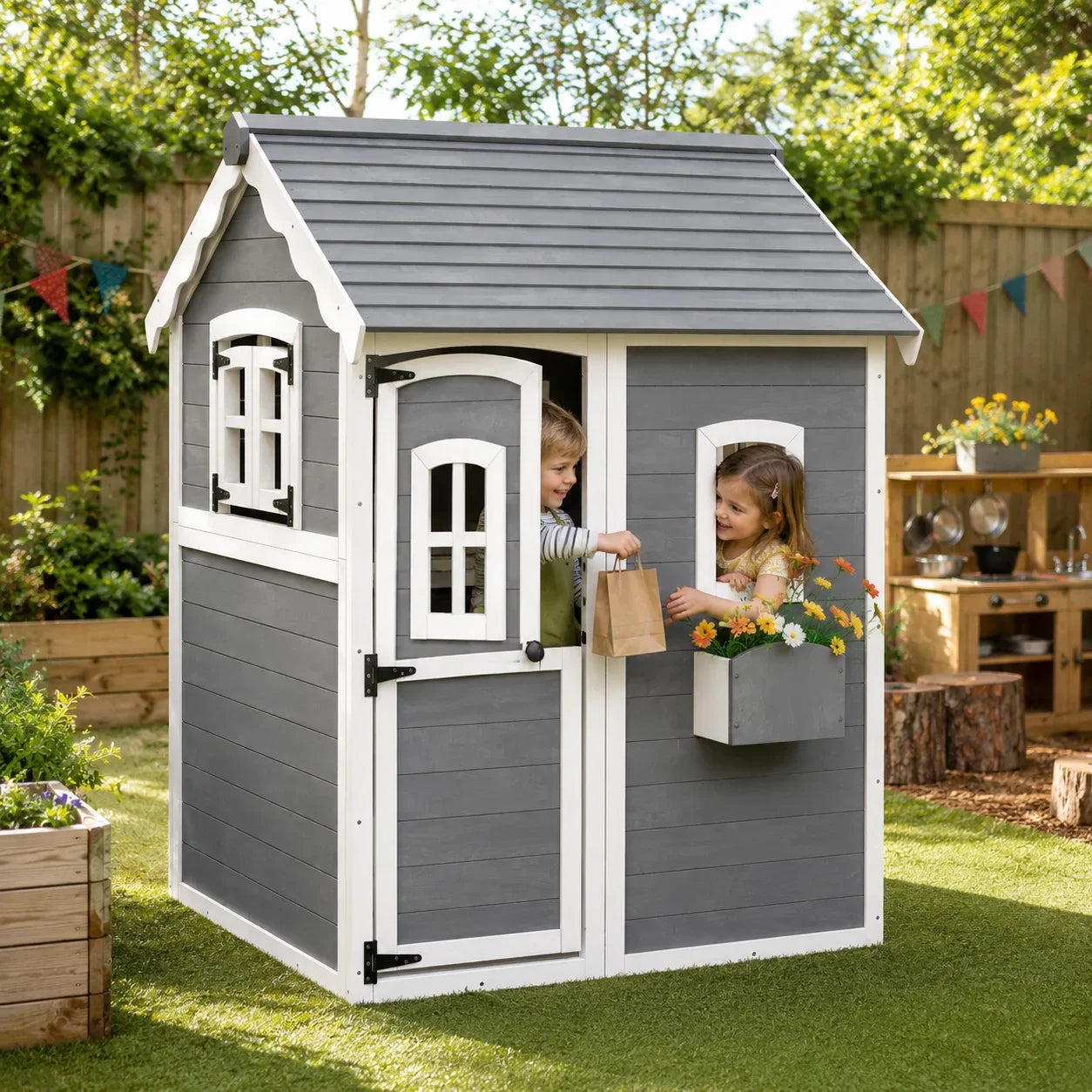 Wooden Garden Playhouse with Door and Windows