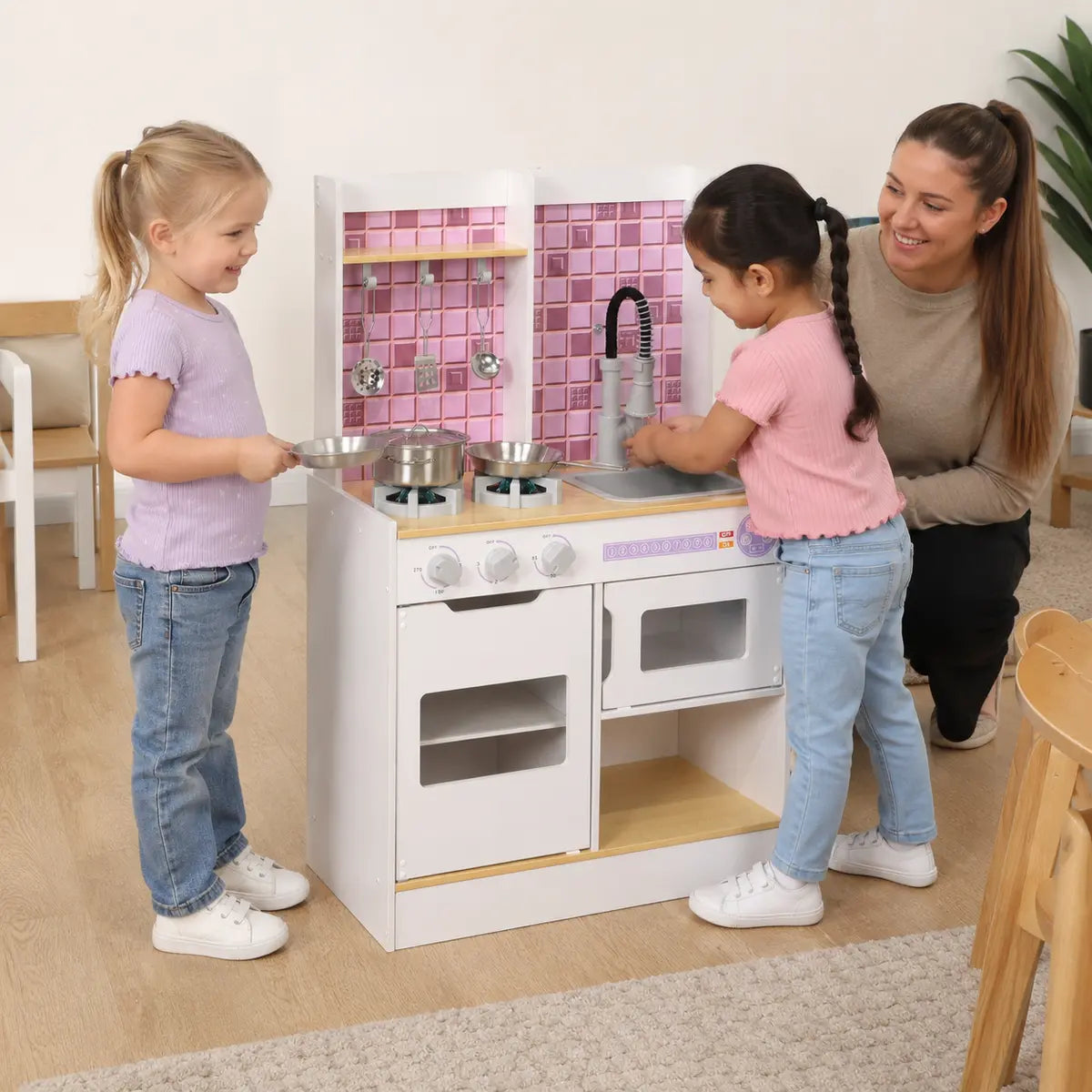 Wooden Play Kitchen with Oven, Stove and Sink – White