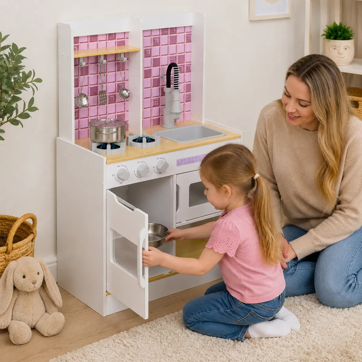 Wooden Play Kitchen with Oven, Stove and Sink – White