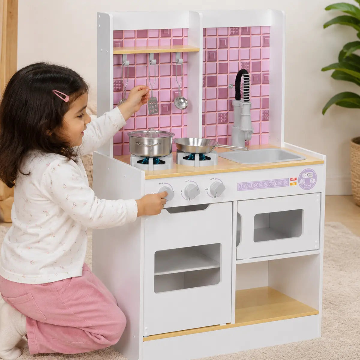 Wooden Play Kitchen with Oven, Stove and Sink – White