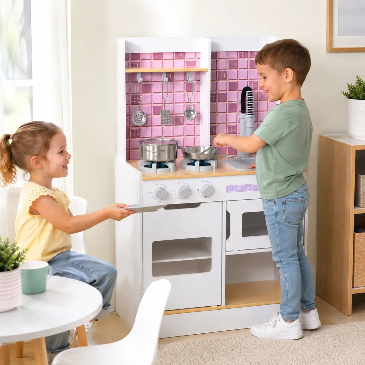 Wooden Play Kitchen with Oven, Stove and Sink – White