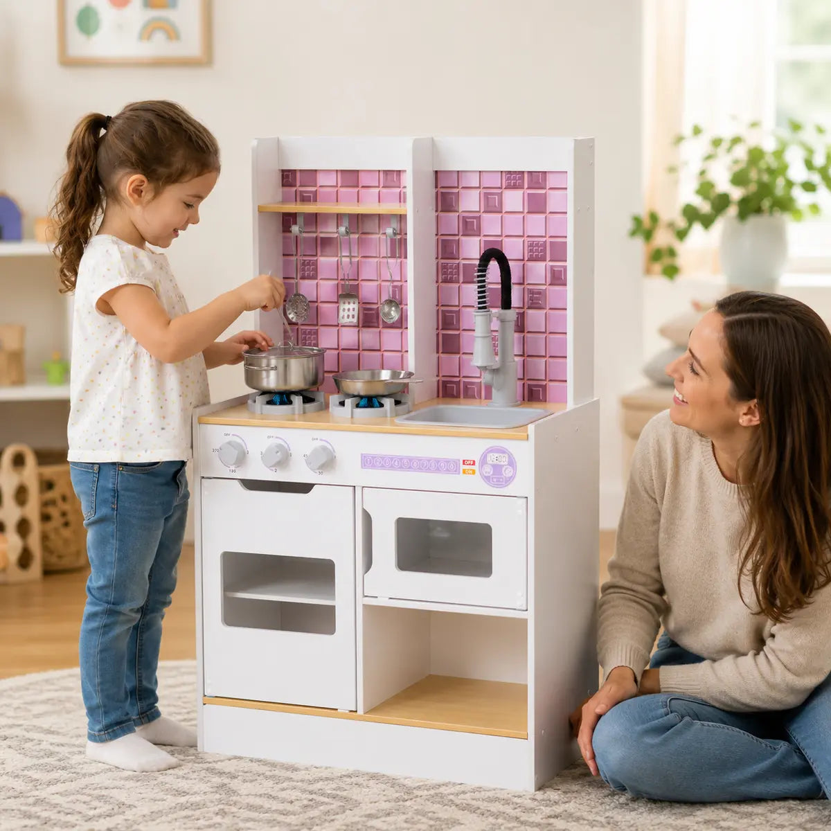 Wooden Play Kitchen with Oven, Stove and Sink – White