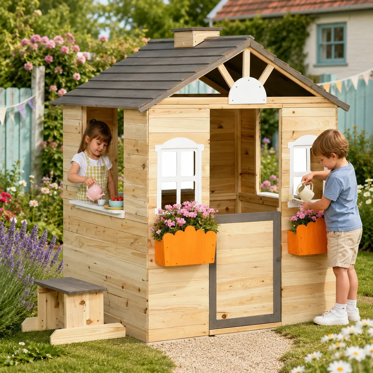 Wooden Playhouse Cottage with Bench and Service Station