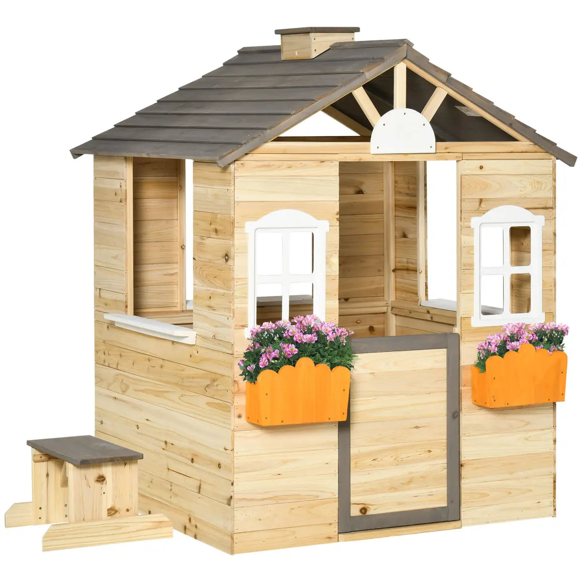 Wooden Playhouse Cottage with Bench and Service Station