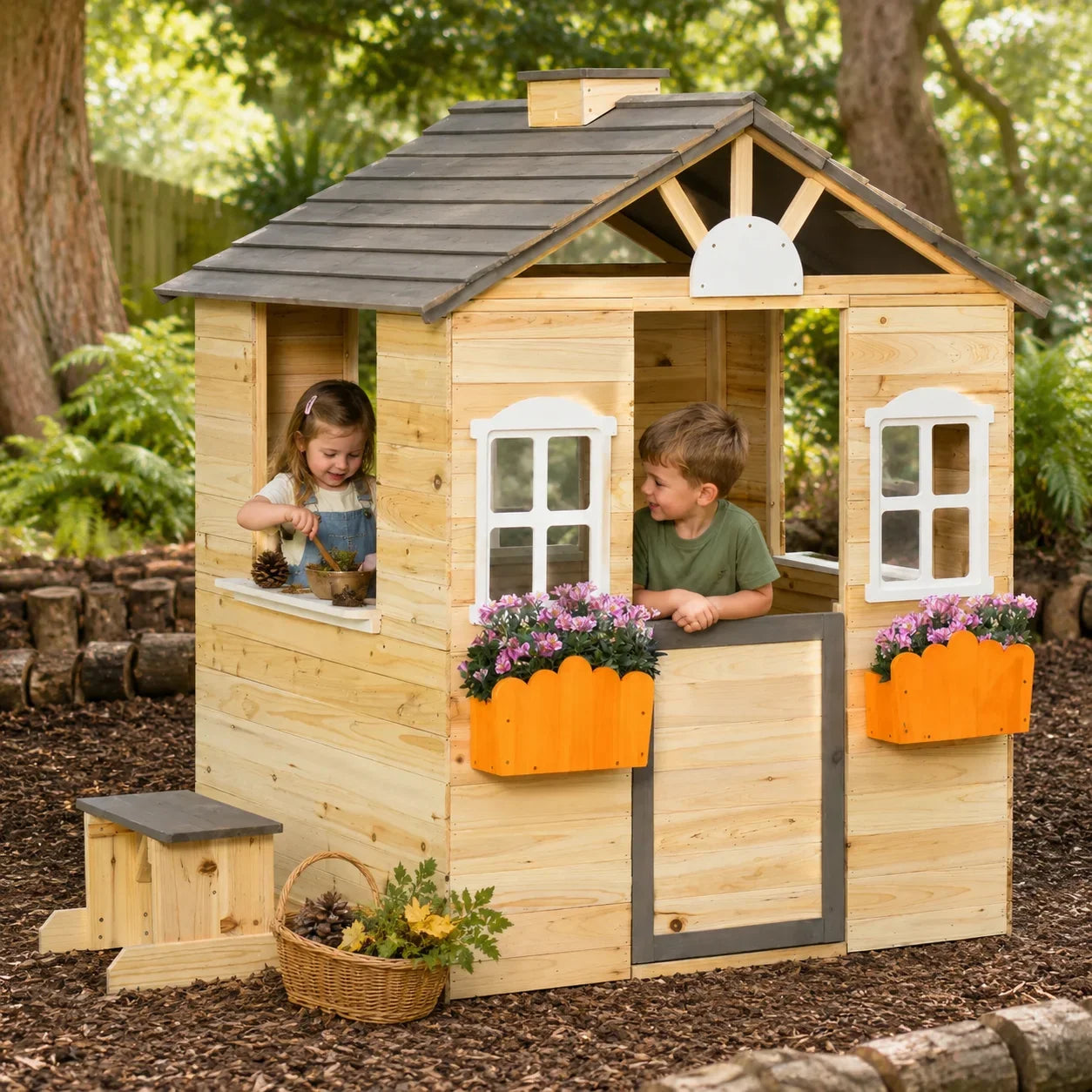 Wooden Playhouse Cottage with Bench and Service Station
